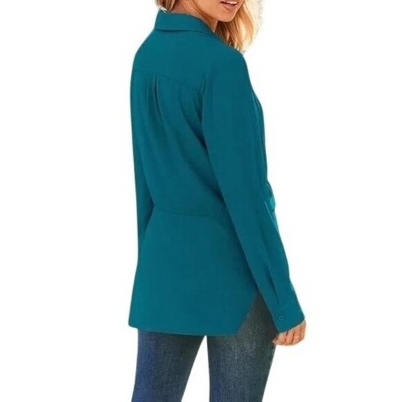 Grace Karin Teal Button-Up Blouse W/ Tie Front & Collared Neckline 2XL - Picture 14 of 16